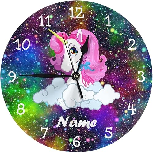 Vista 63 de Reloj de pared personalizado con diseño de unicornio y rosa con purpurina para habitación de los niños, reloj de pared personalizado con nombre