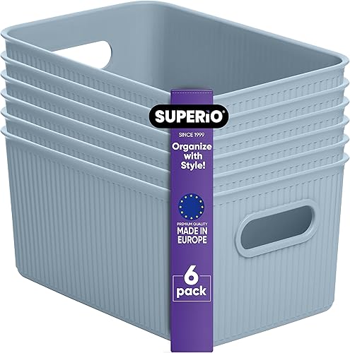 Superio Ribbed Collection - Canastas organizadoras de plástico decorativas abiertas para el hogar, color azul medio (paquete de 6) cajas de