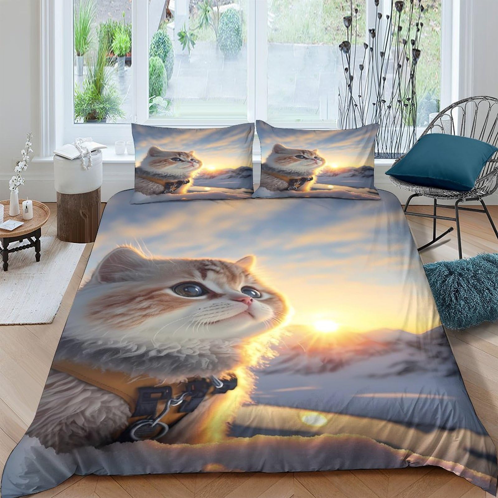 Ctjqhvkz Style-5 3D Printed Sunset Cat Fitted Sheet Microfiber Soft Breathable Sunrise Landscape Mattress Cover Bedroom Decor Single（135X200cm）