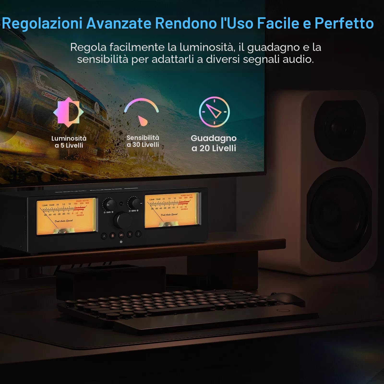 DoukAudio VU3PRO - Doppio metro analogico VU, interruttore amplificatore a 2 vie, selezione degli altoparlanti, amplificatore audio, 2 in 2 -OUT, con pickup MIC e display DB Panel