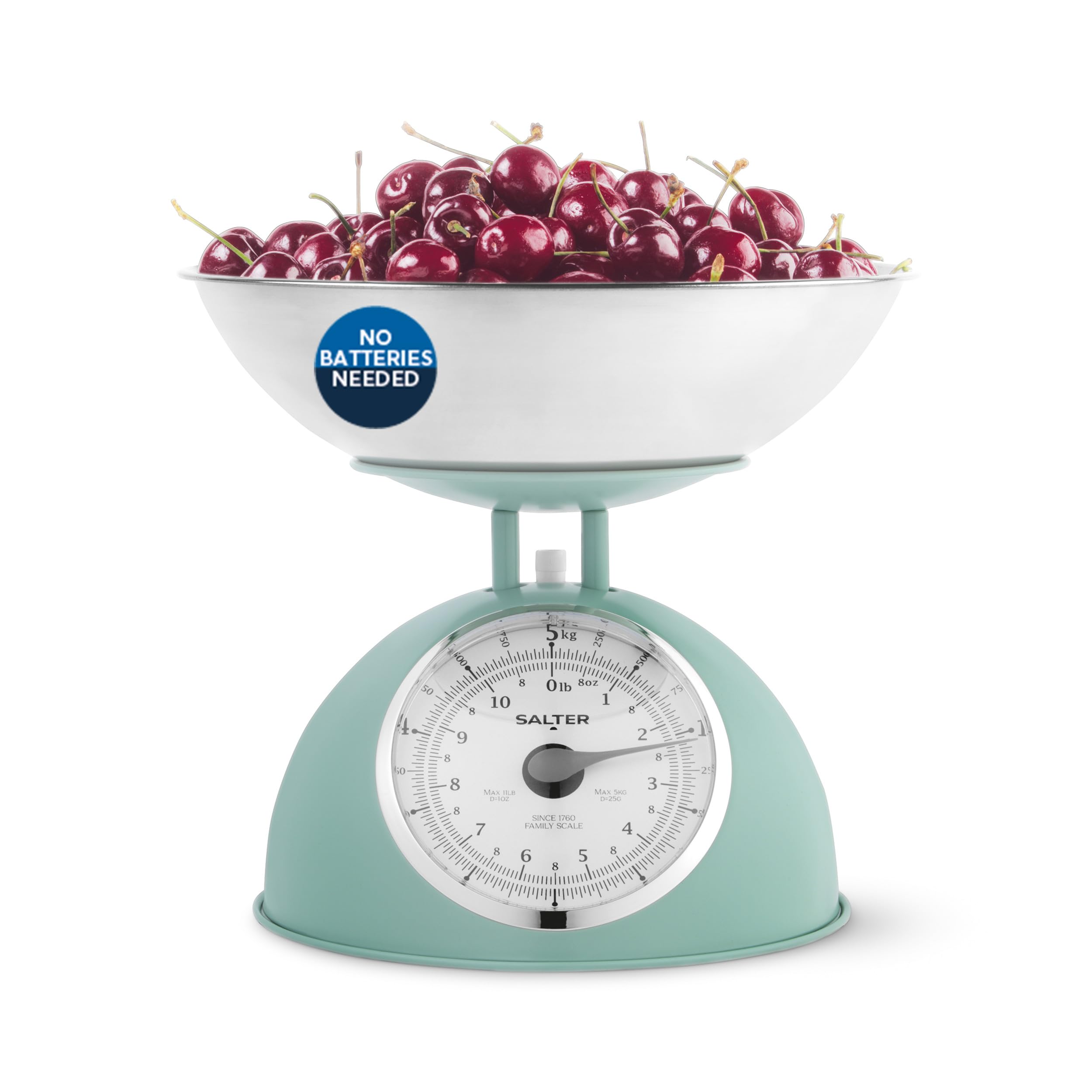 Salter Green Timeless Mechanical Kitchen Scale – Cooking Scale, 2L Dishwasher Safe Bowl, Easy-Read Dials, Large Digits, No Batteries, Retro Design, 5Kg Capacity, Weigh Ingredients, Classic Look,