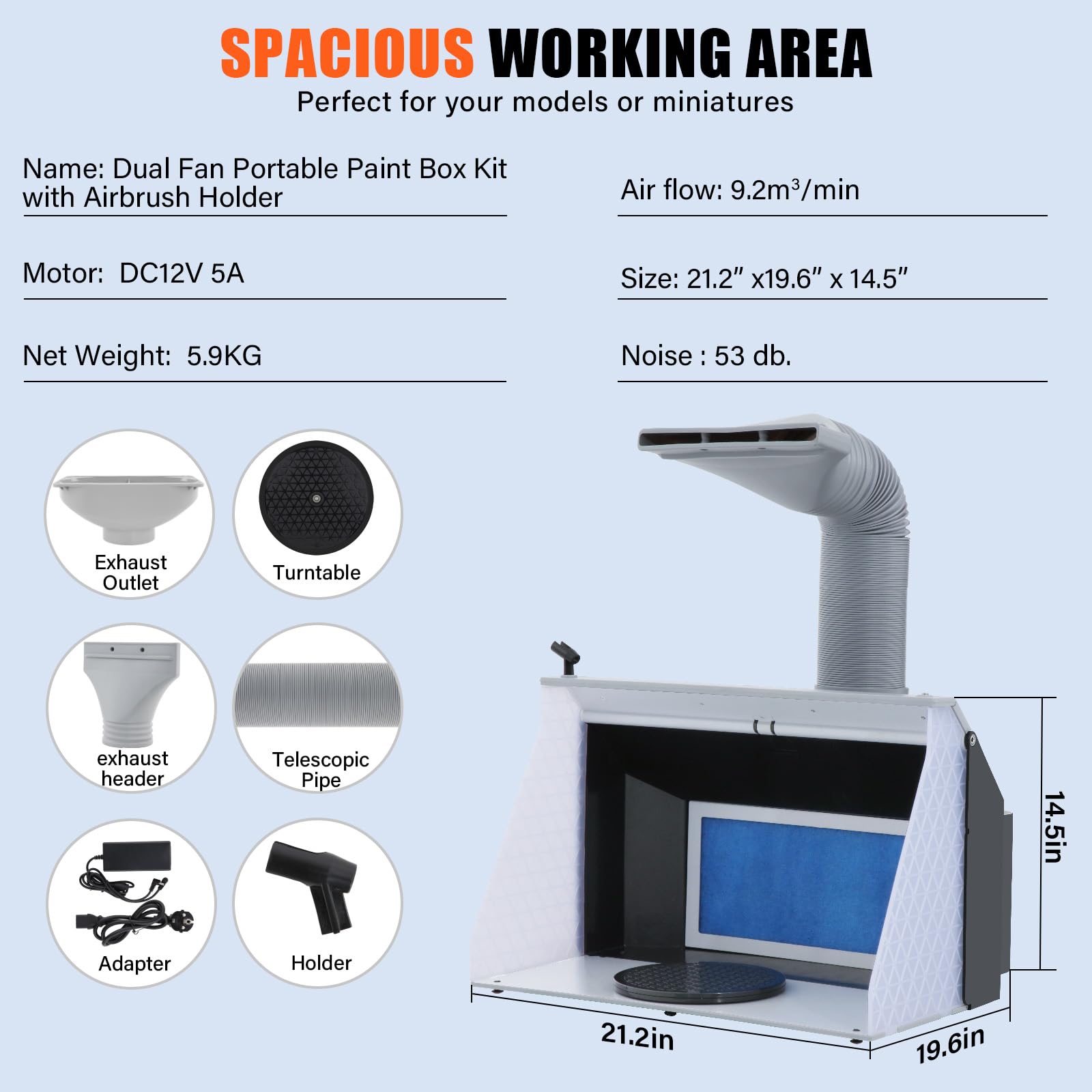 VELPAX Cabina de Pintura para Aerógrafo 9m³/min Velocidad Ajustable con Doble Ventilador, 4 Luces LED, Manguera Telescópica, Ideal para Pintura Decorativa, Manualidades y Decoración de Pasteles