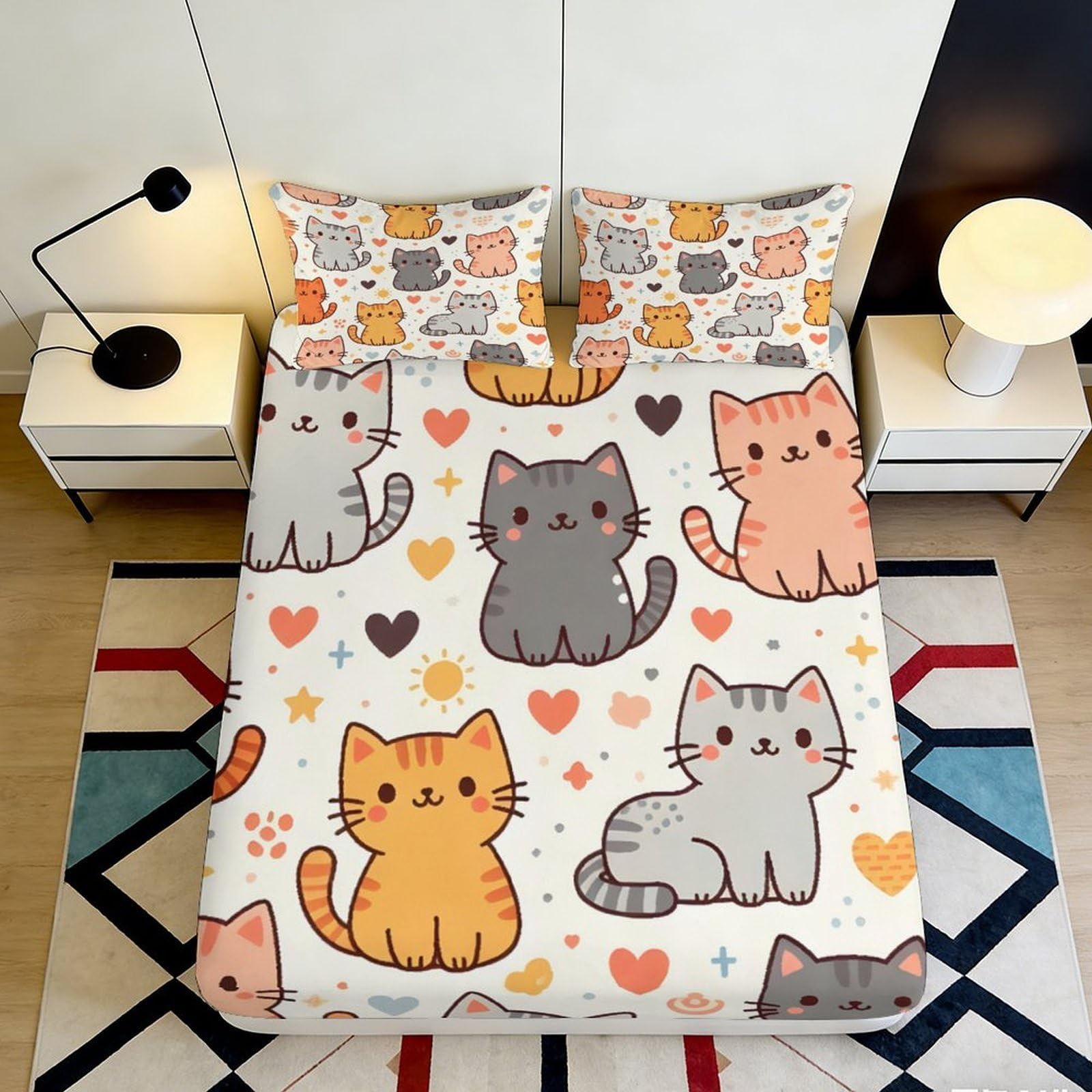 3D Printed Cute Cat Hearts Fitted Sheet Microfiber Non-Slip Mattress Cover for Bedroom Dorm Machine Washable Decor 160x200x25cm