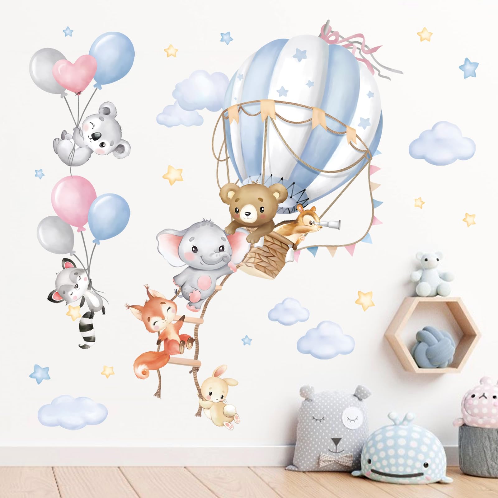 wondever Adesivi Murali Bambini Mongolfiera Grande Animali Sticker da Muro Palloncino Elefante Orso Volpe Adesivi da Parete per Asilo Nido Camerette Bambini Ragazze