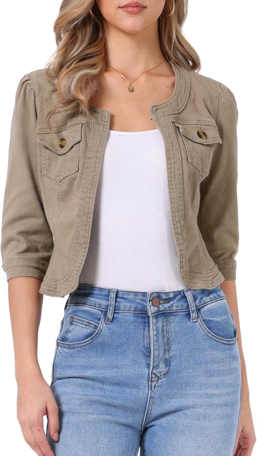 Allegra K Denim Jacket for Women's Collarless 2025 Cardigan 3/4 Sleeve Crop Jean Jackets