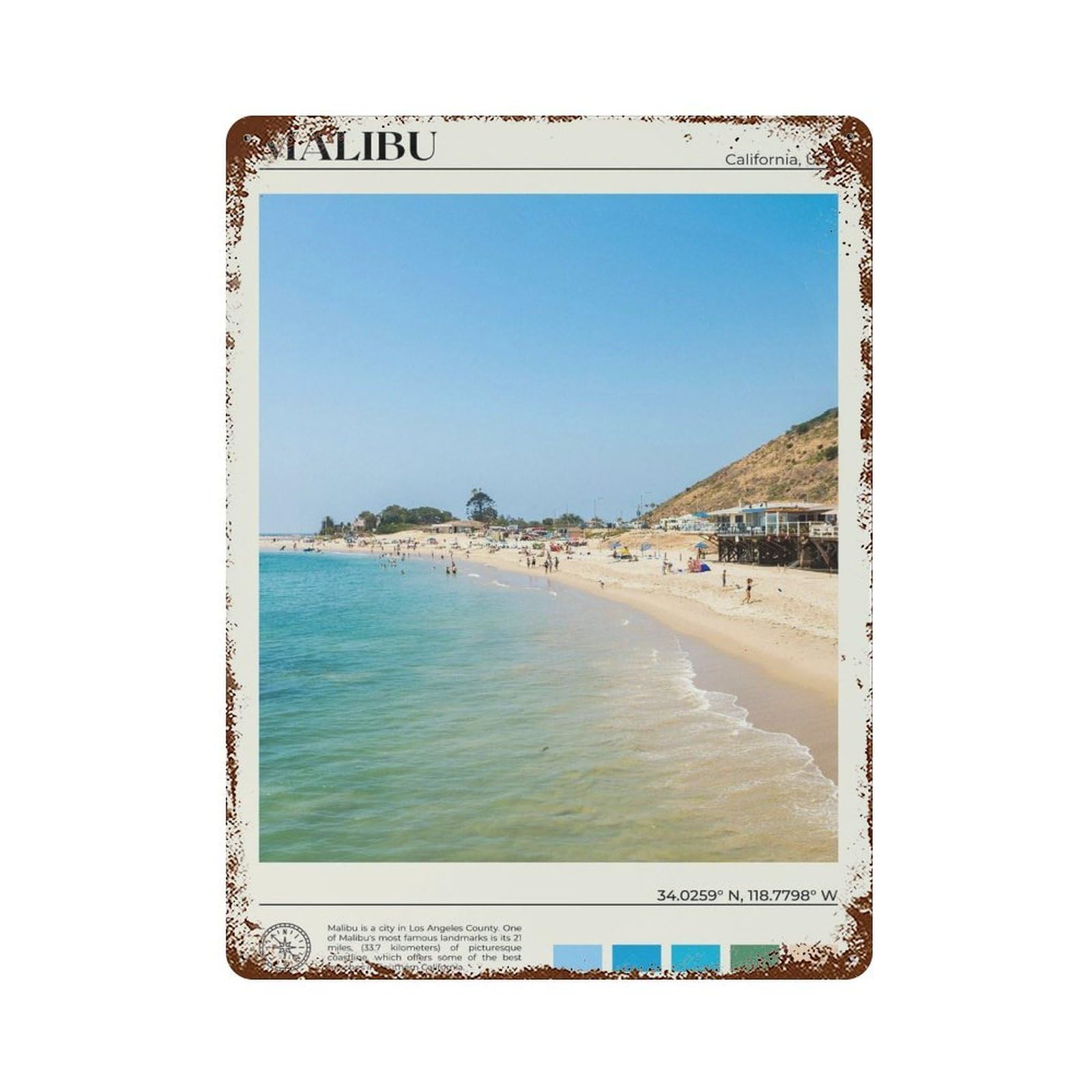 xiaoxiaoshen Real Photo Malibu Decor California Wall Decor Art Metal Tin Poster Modern Home Decor Art Home Bar Shop Decorations Vintage Sign 40x30cm