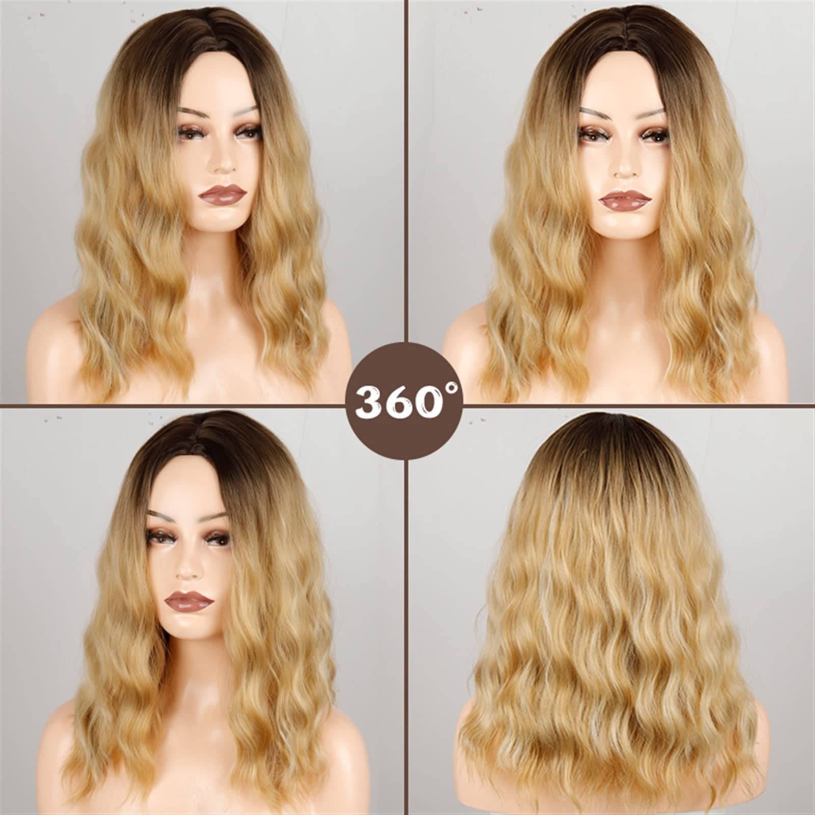 Peruka naturalna Krótka Kręcone Ombre Blond Bob Peruki do Włosów dla Kobiet Moda Syntetyczna Część Środkowa Peruka z Brązowymi Korzeniami Średni Długi Falista Żaroodporne Włókno Peruka