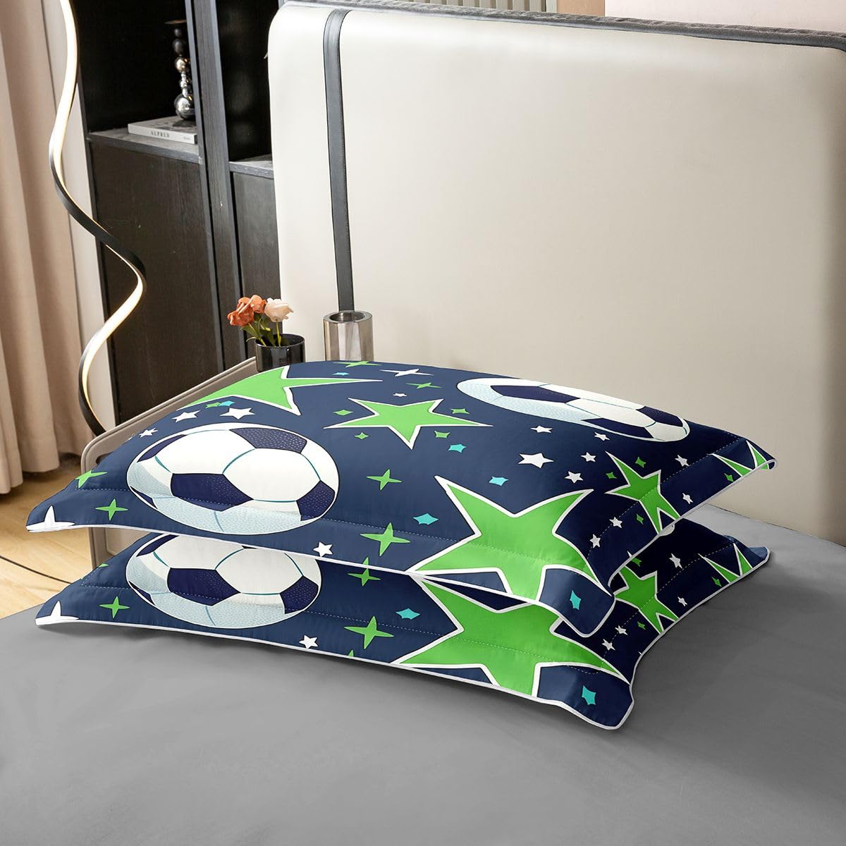 Homewish Piłka nożna chłopcy pościel podwójne łóżko zestaw piłka nożna gry bawełna poszewka na kołdrę piłka sportowa poszewka na kołdrę dla dzieci chłopców nastolatków dorosłych zielona gwiazda