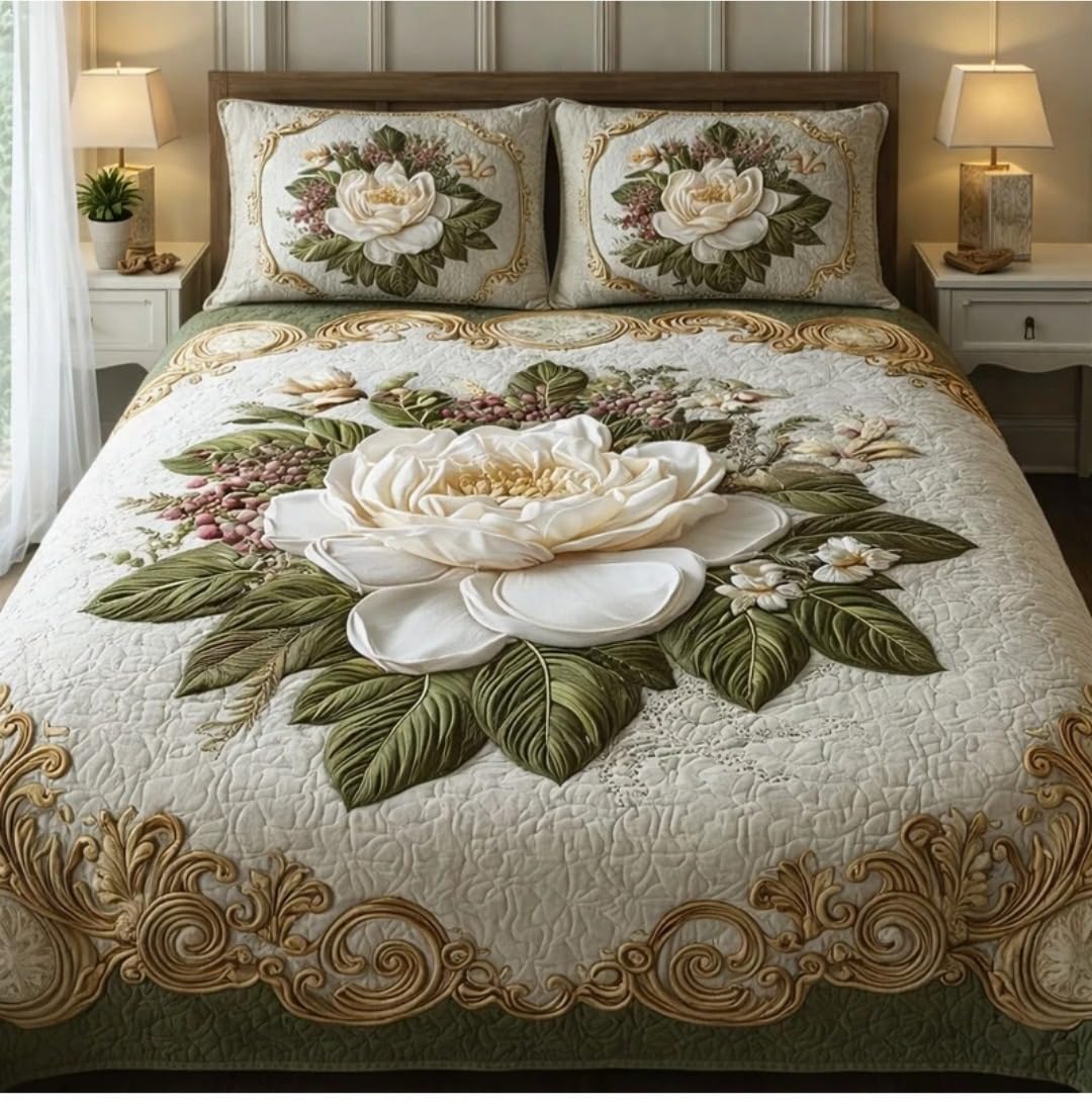 King Size Bedsheet, 3D Floral Print, Polycotton, 3 Piece Set (White)-image-15