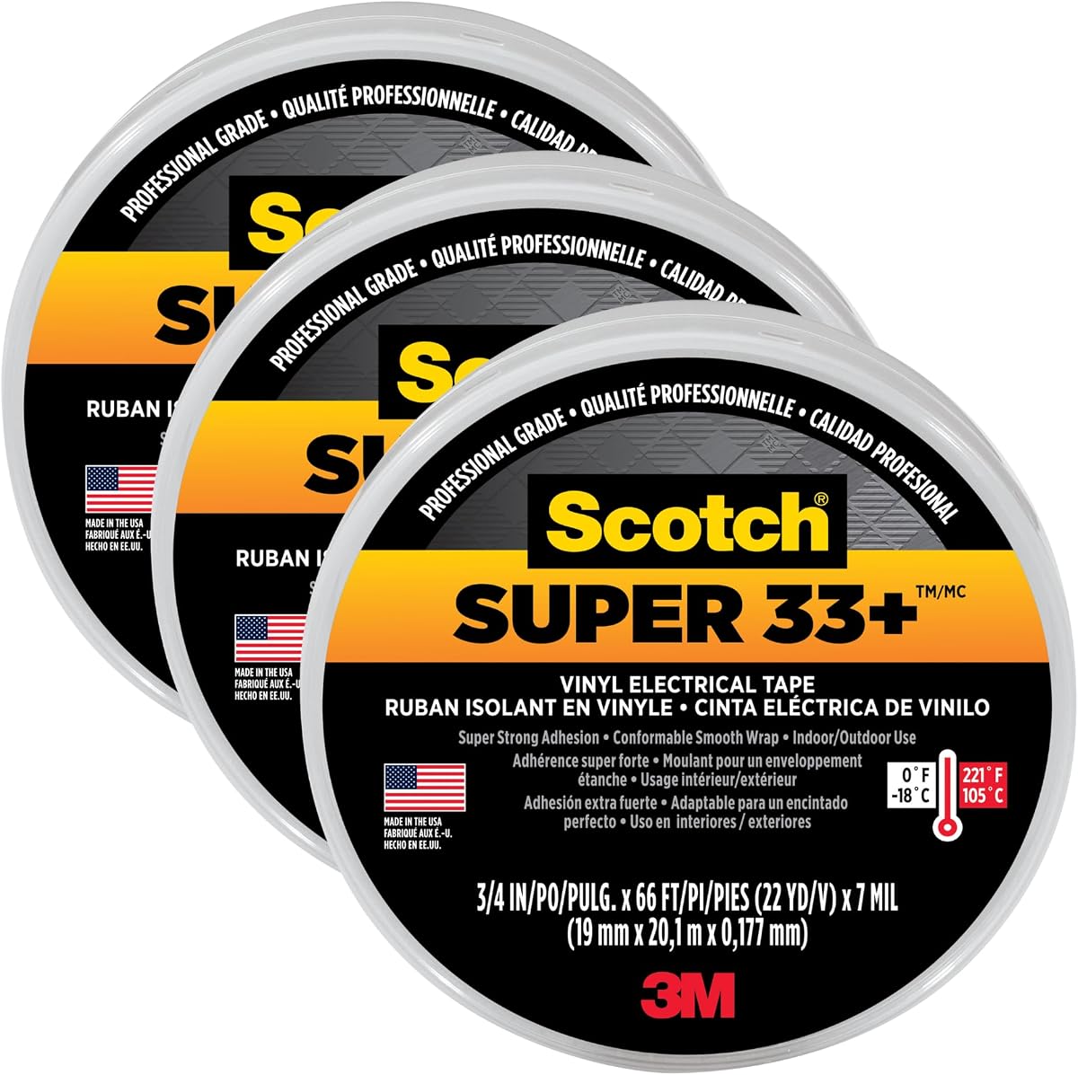 Cinta eléctrica de vinilo Scotch Super 33+, 0,75 pulgadas por 66 pies