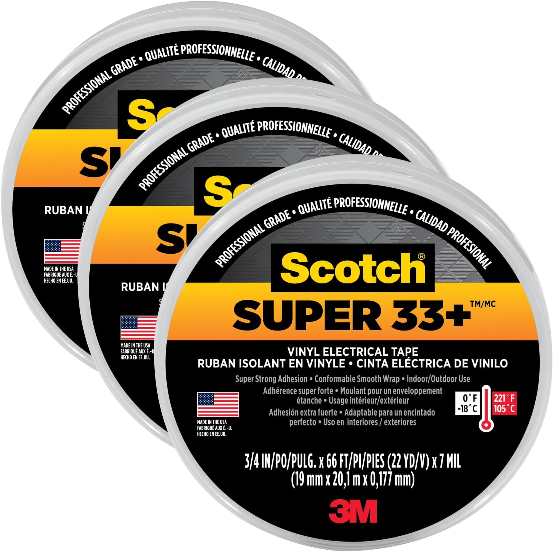 Scotch Super 33+ Vinyl Electrical Tape, .75-Inch by 66-Feet, 3-PACK