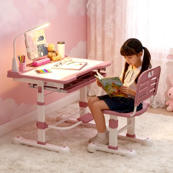 Ensemble de Table et de Chaises pour Enfants avec Lampe LED de Protection des Yeux, Hauteur Réglable, Plateau Inclinable de 0° à 55°, Tiroir Multifonctions avec Boîte à Stylos, Porte-Gobelet, Rose - 2