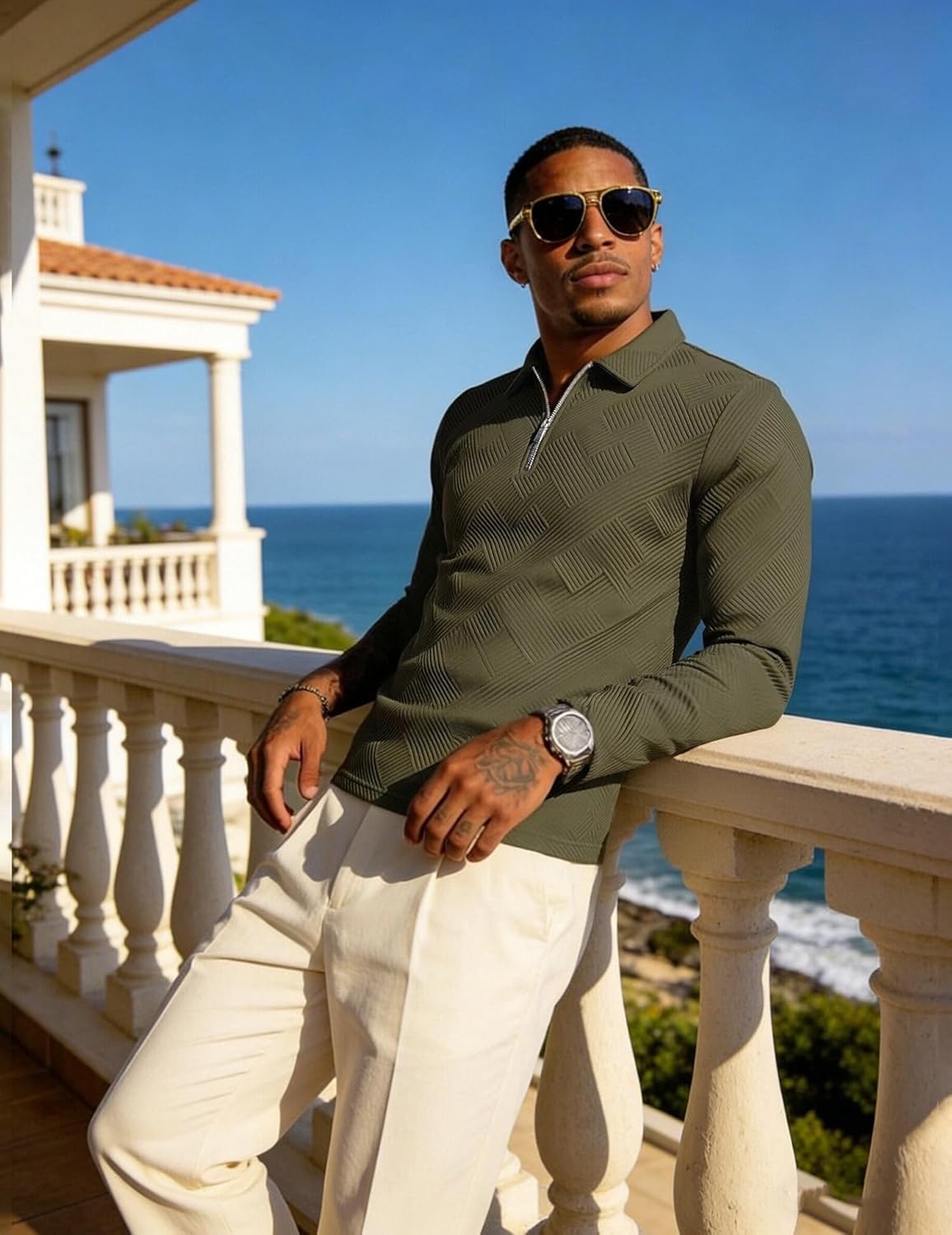 UOUA Men's Polo Shirt Quarter Zip Tops Soild Casual Geometric Texture Long Sleeve Sweaters Pullover Golf Sweatshirts - Image 3