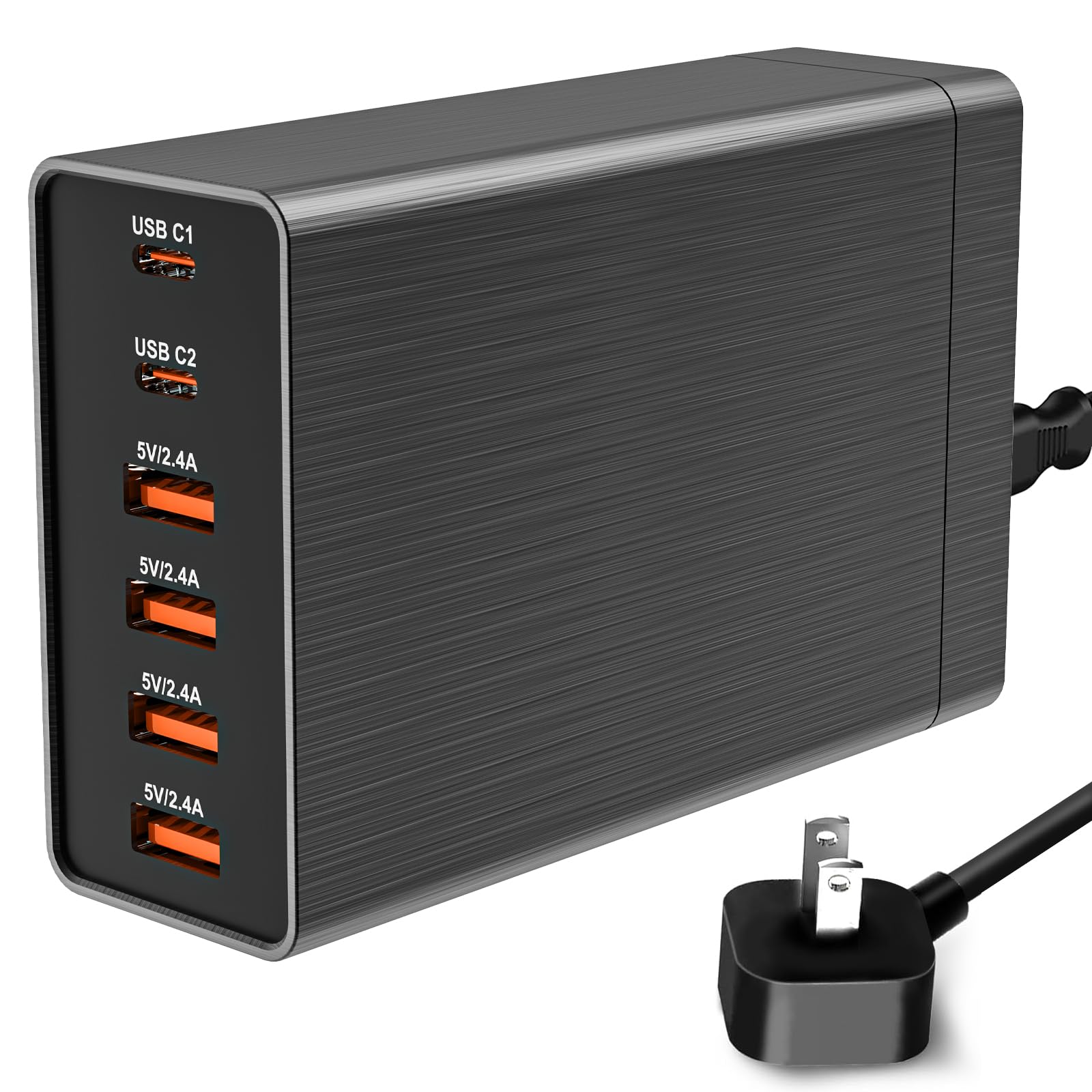 ???????????????? ???????????? Multi USB Charger Block RISWOJOR, 40W Flat Plug 6 Port Charging Station with Auto Detect Safety, USB Multiport Charger with Type-C 3A for Smartphone Tablet and Multiple Devices