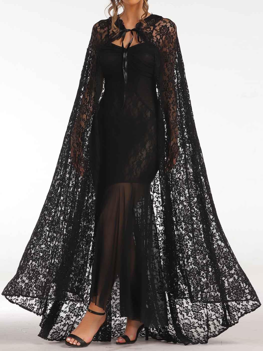 Unicra Black Lace Hooded Cape Halloween Costume Long Cloak Full Length Cosplay Witch Vampire Cape for Women - Image 2