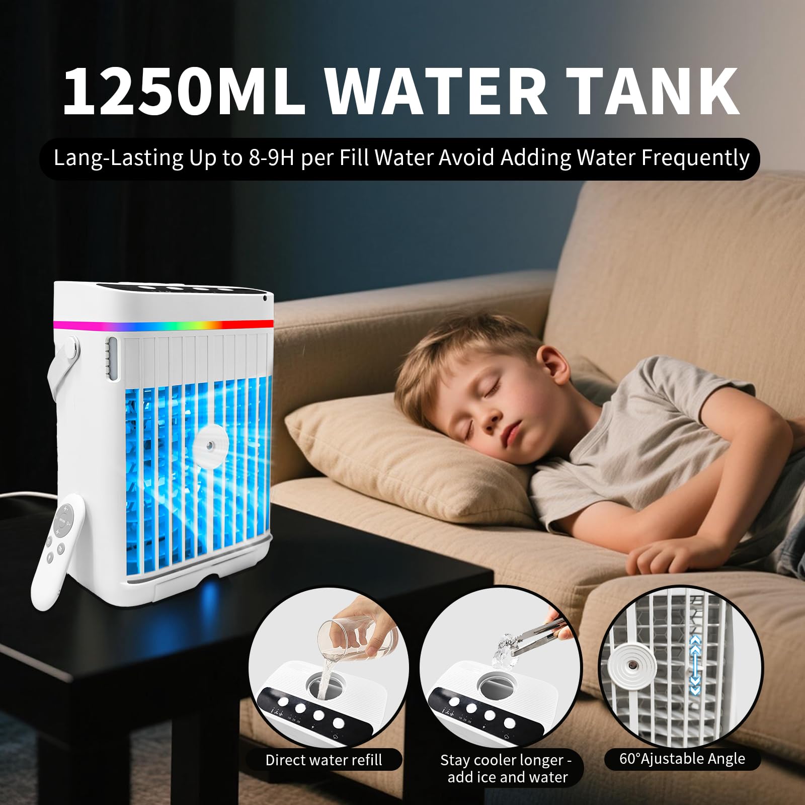 Aire acondicionado portátil, mini enfriador 4 en 1 con refrigeración rápida, función de niebla, luz LED, 3 velocidades y temporizador, ventilador USB silencioso para uso en verano
