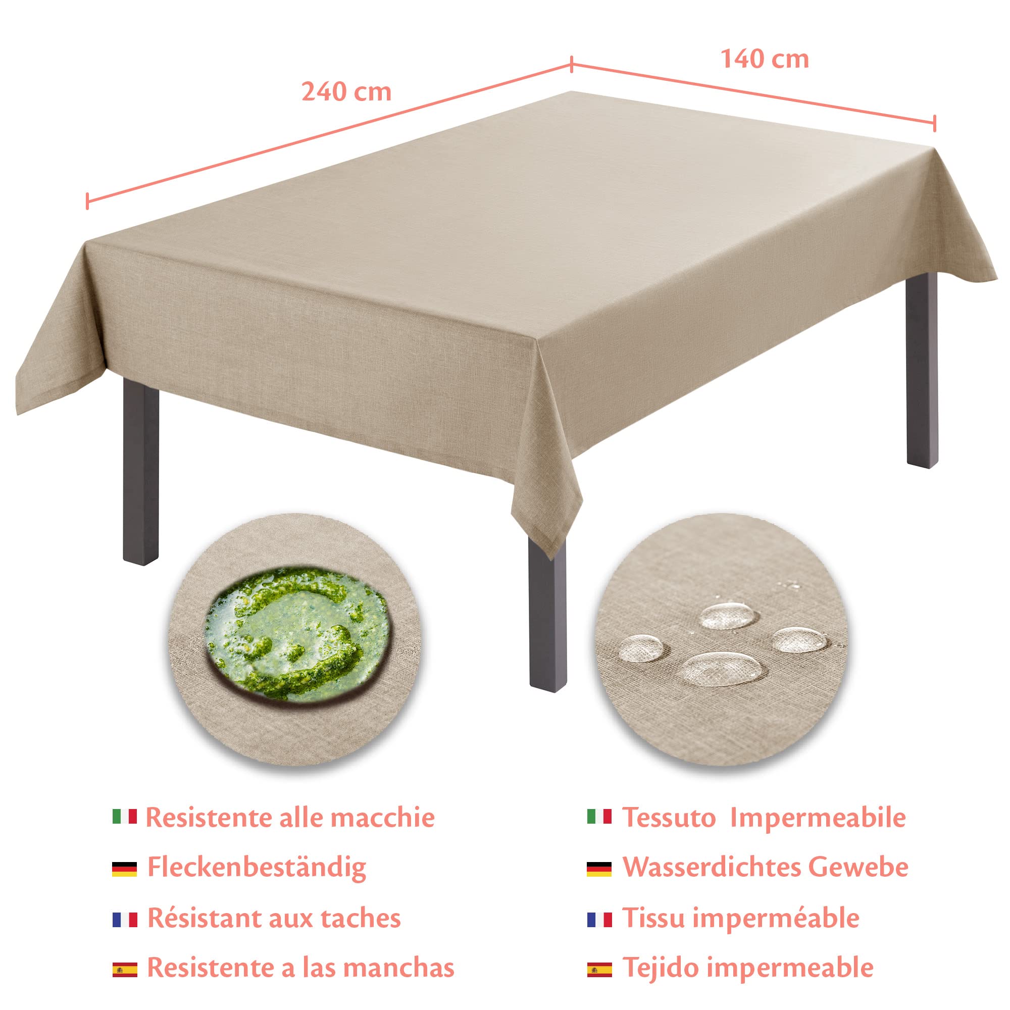Tovaglia Antimacchia Rettangolare Impermeabile Beige 140x240 Made in Italy Tovaglie Copri Tavolo da Interno Elegante per Occasioni Natale da Tavola Giardino Esterno Poliestere Idrorepellente