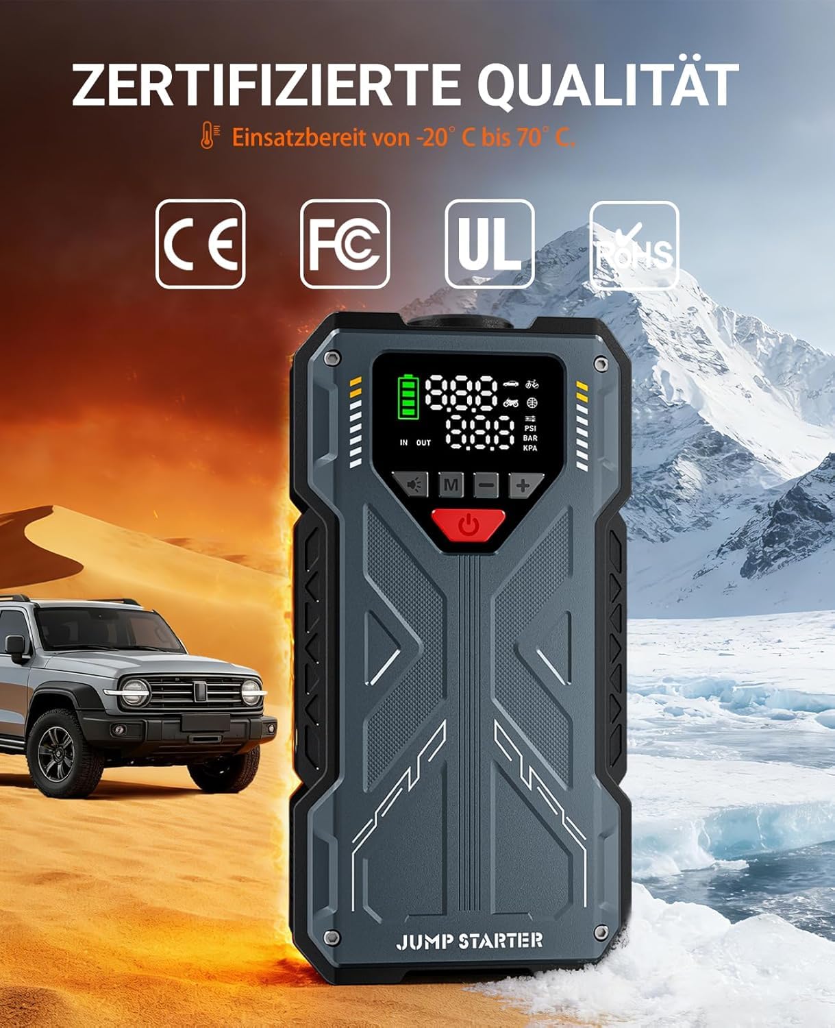 Starthilfe Powerbank 8000A für PKW, Auto Starthilfe mit Kompressor 150PSI, 12V Batterie Booster Jumpstarter für Alle Benzin/10L Diesel mit LED Display & Starterkabel, Frauen