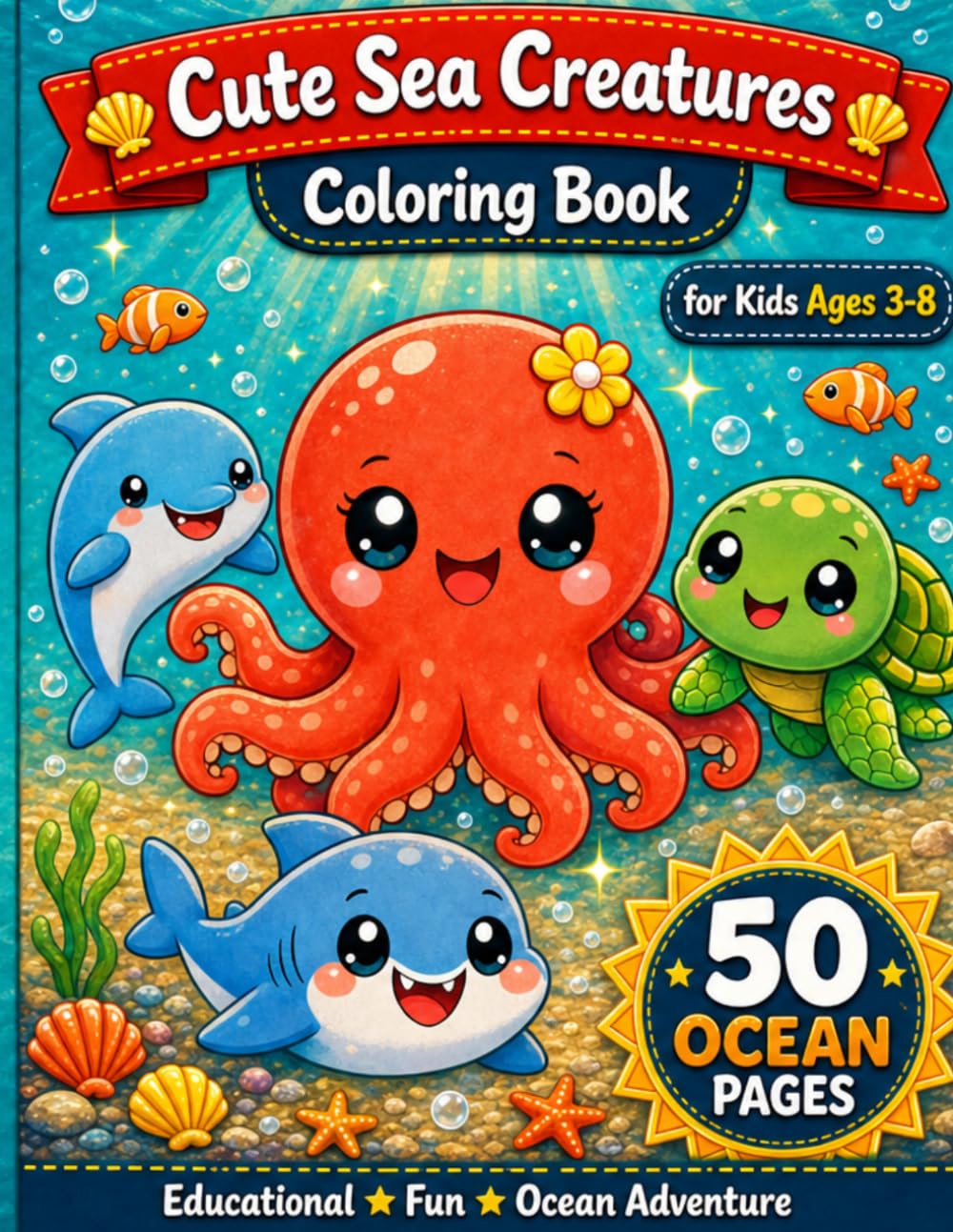 Cute Sea Creatures Coloring Book for Kids: 50 Adorable Ocean Animals — Dolphins, Sharks, Turtles, Octopus and More for Boys and Girls Ages 3-8