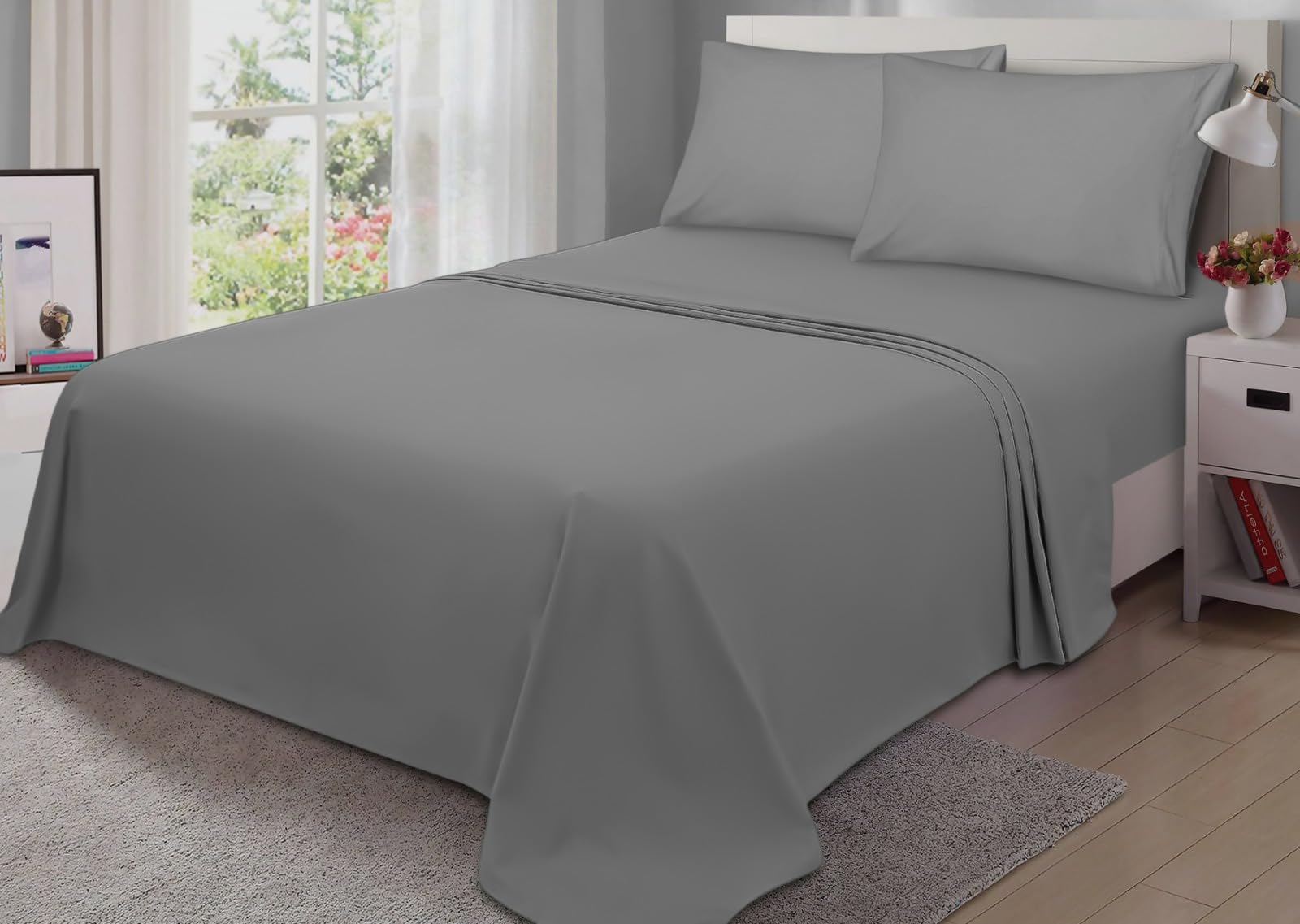 Sheet Set for Queen Size Bed, Luxury Hotel Sheet Sets, Breathable & Cooling Sheets for Hot Sleepers, 4 Piece Cotton Sheet Set, Wrinkle Free, Cotton Rich, Light Grey