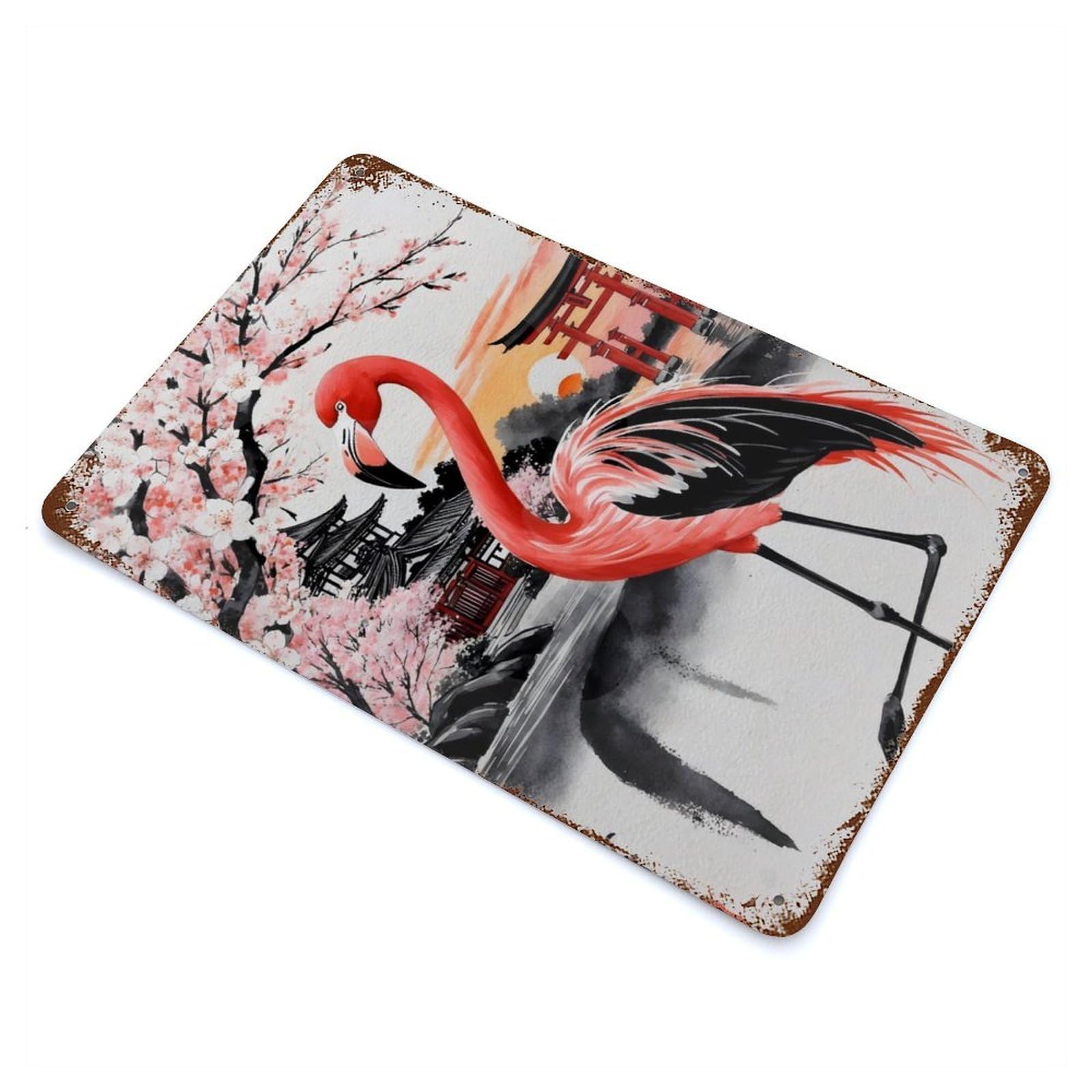 Vintage Metal Tin Sign Flamingo Japan Painting 11.8"x7.9", Industrial Home Decor for Farmhouse, Kitchen And Entryway Decor