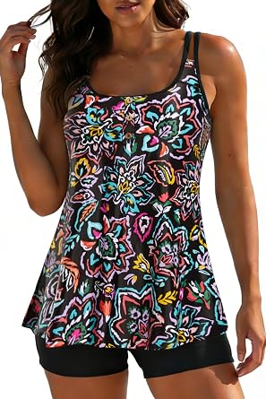 Yonique Flowy Tankini with Shorts Two Piece Tummy Control Swimsuit | Removable cups, adjustable double bands, A-line tummy coverage, square hem protection, full coverage