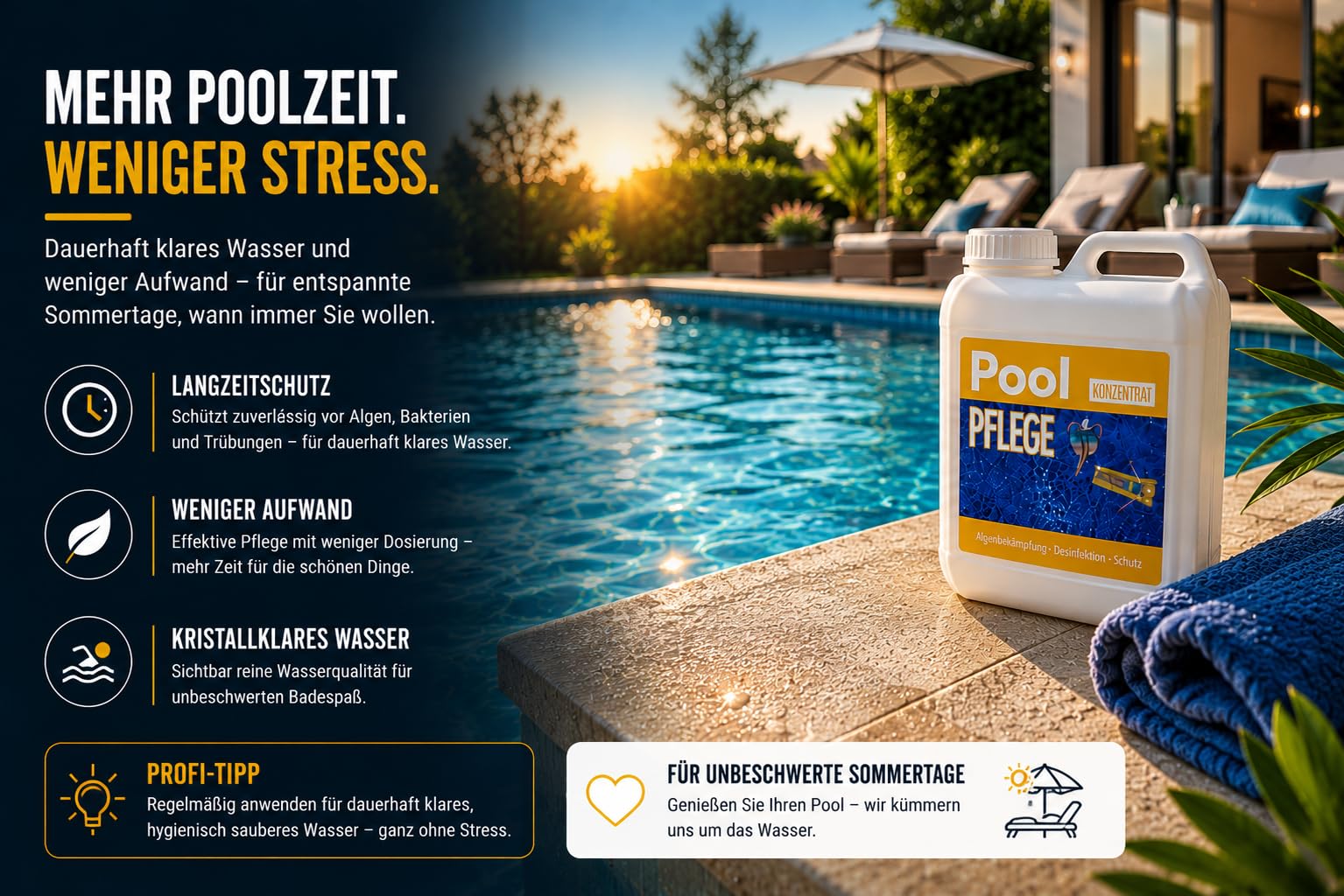 2L Poolpflege Poolklar Konzentrat 3in1 – Gegen Algen & Grünes Wasser – Für Kristallklares Poolwasser – Hochergiebiger Poolreiniger mit Langzeitschutz – Für Pool, Schwimmbad & Planschbecken