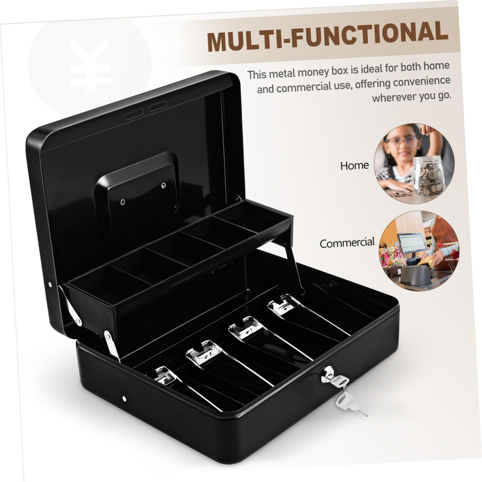 Boîte à Monnaie Métallique avec Clé, Plateau Compartimenté Portable
