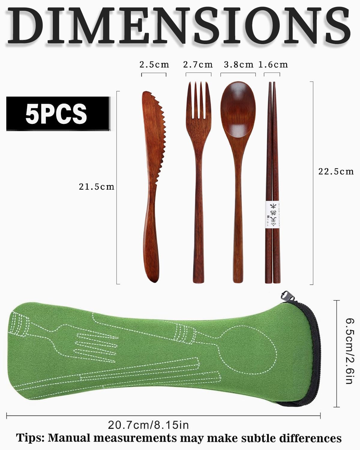 Set di 3 Cucchiai e Forchette in Legno - Set di Posate in Legno Portatili - Posate in Legno con Cucchiaio, Forchetta e Coltello - Stoviglie con Borsa - Utensili da Campeggio