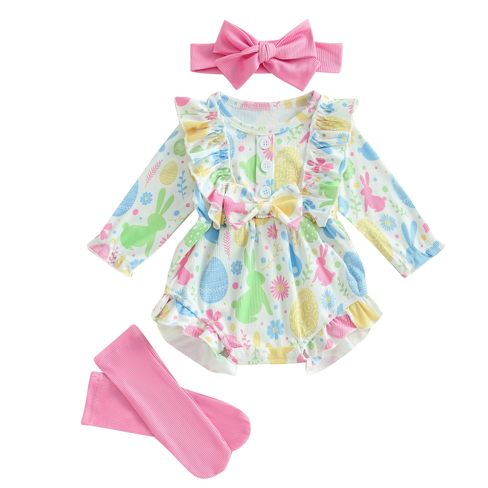 Baby Girl Easter Outfit Newborn Bunny Egg Bow Romper Dress Infant Ruffle Bodysuit Top Spring Clothes With Socks (A Egg Bunny Floral Multicolor, 3-6 Months)