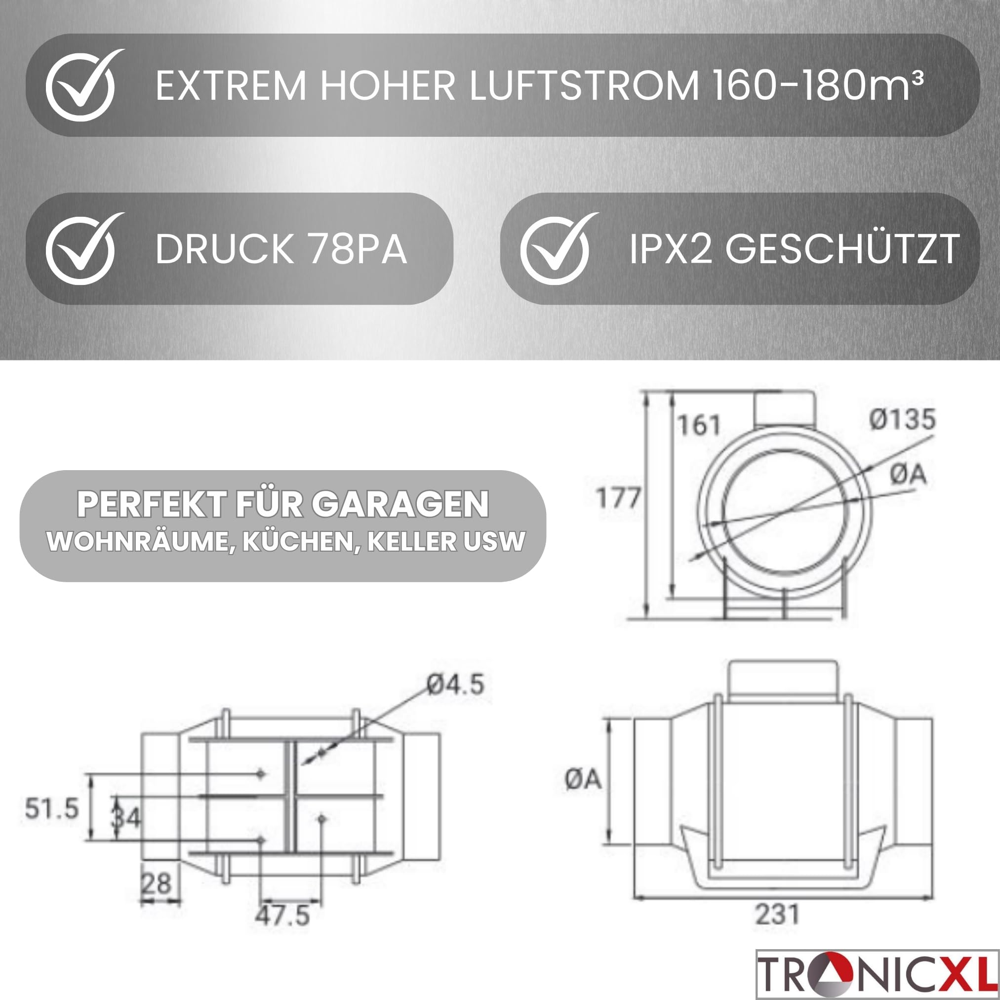 TronicXL Turboventilator Axial Rohrventilator 100mm leise I Rohrlüfter Abluftventilator Abluft/Zuluft Lüfter Ventilator Bad Küche Garage Rauchabzug Werkstatt