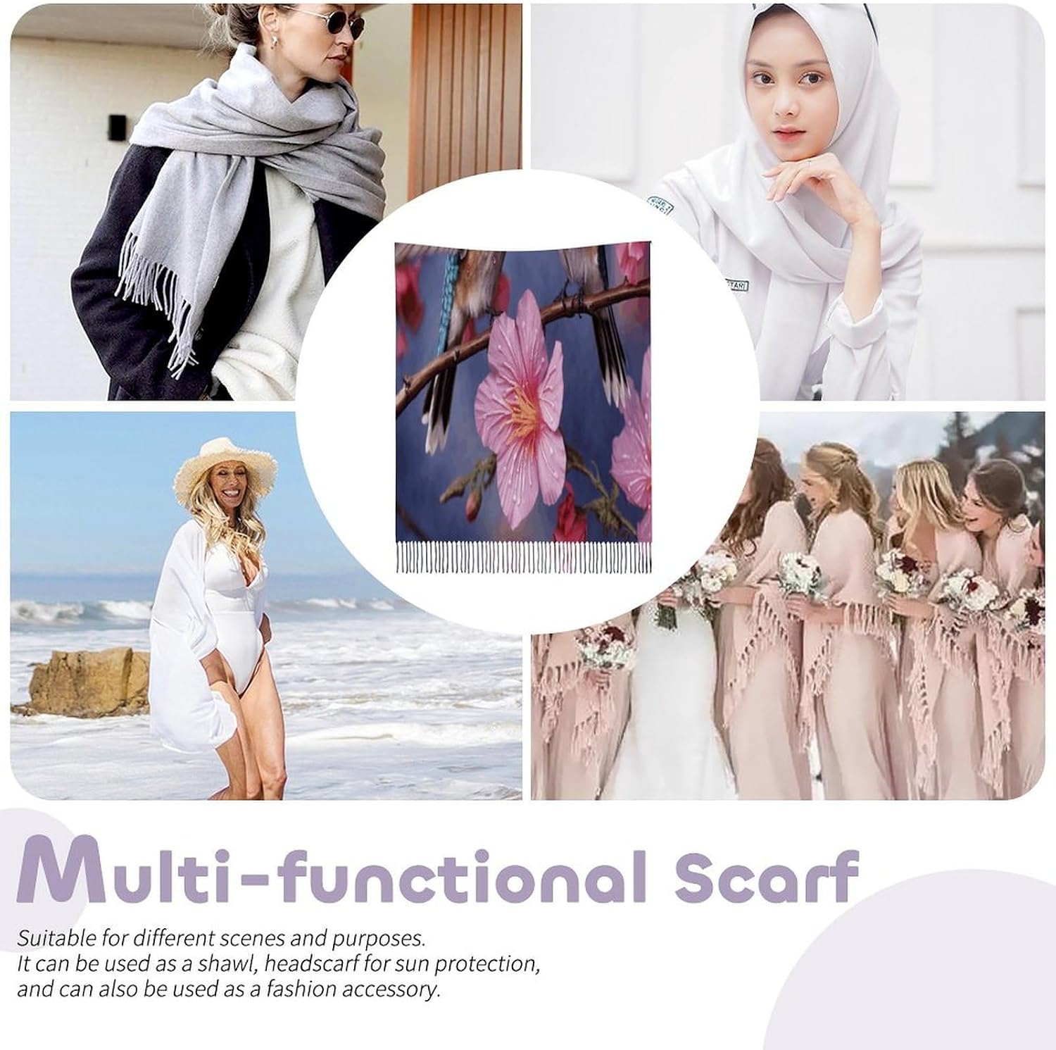 Humming Birds With Pink Scarf for Women Men Soft Warm Fashion Blanket Scarves Classic Cashmere Feel Scarf Long Shawl Large Scarves Cold Weather Thick Blanket Scarfs