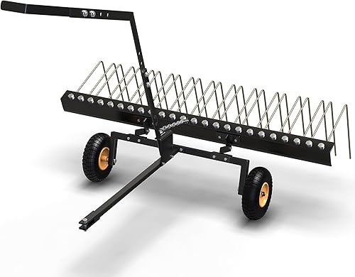 YITAMOTOR Rastrillo de remolque de 60 pulgadas, rastrillo para césped con 24 dientes de acero de resorte y mango de elevación para ATV o tractores