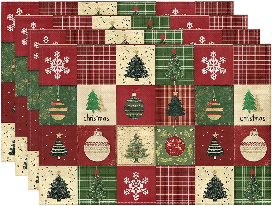 Artoid Mode Xmas Trees Christmas Balls Placemats Set of 6, 12x18 Inch Table Mats for Winter New Year Holiday Party Kitchen Dining Decoration