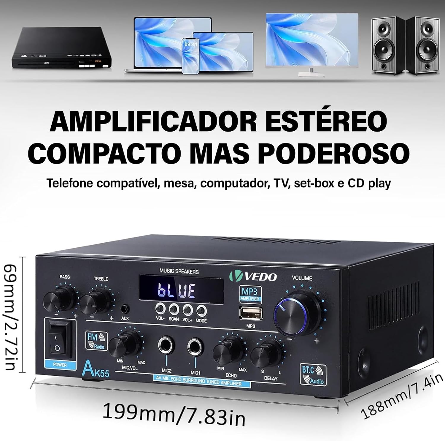 Front view of the ANVAR VEDO AK-55 amplifier with dimensions labeled in millimeters and inches, showing its compact size.