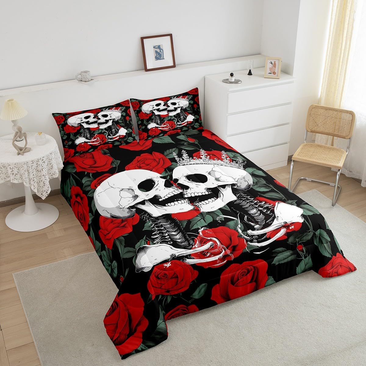 Castle Fairy King and Queen Skull Bedding Set Toddler Size Skeleton Kissing Couple Comforter Set for Women Adults Room Decor Romantic Gothic Duvet Insert Red Rose Flower Down Comforter Set,2Pcs