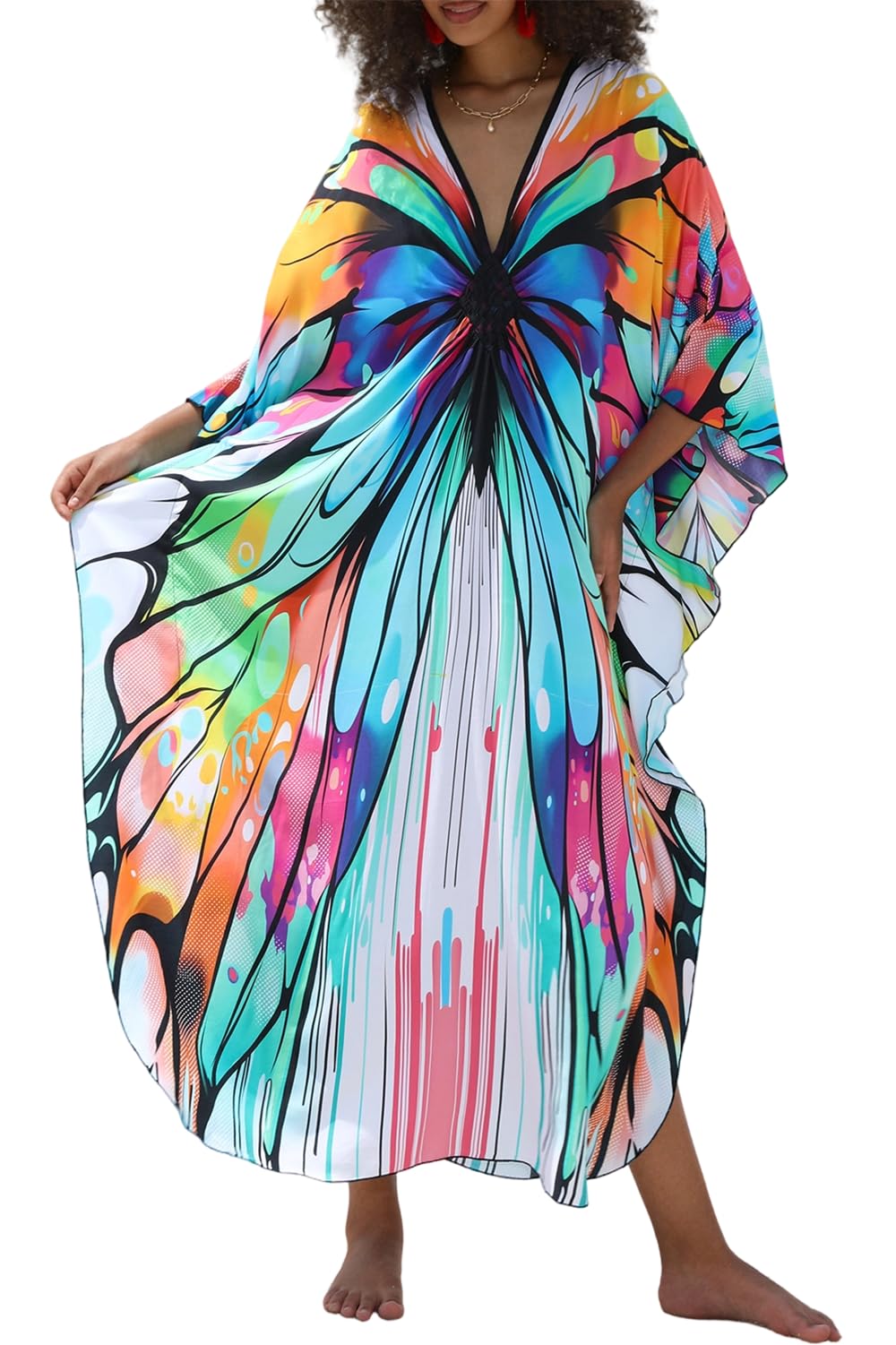 LikeJump Women's Cotton Boho Kaftan Beach Cover Up Swimwear Kimono Maxi Dress Plus Size