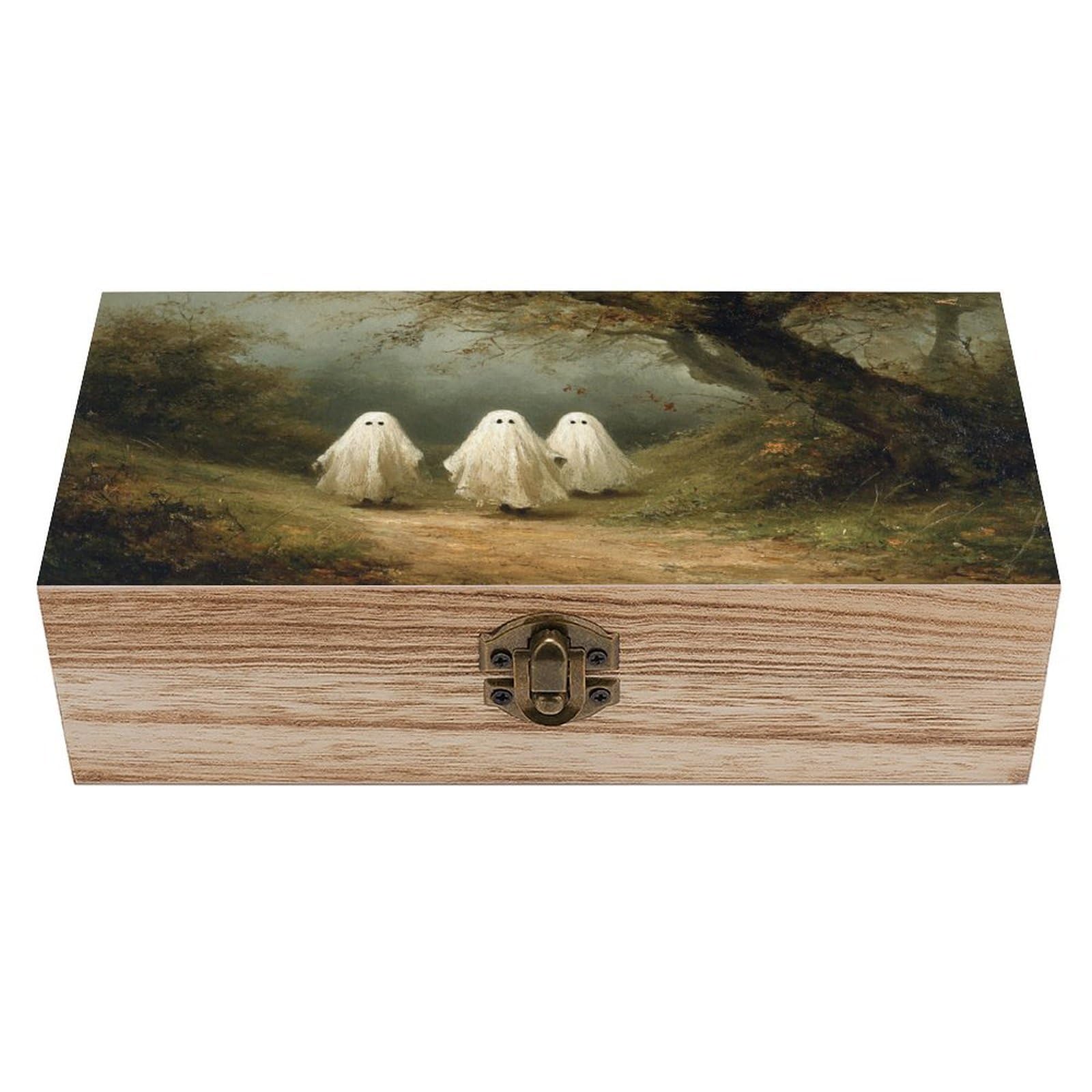 Ahdyr As Pic Vintage Three Ghosts In The Woods Wooden Storage Box With Hinged Lid And Front Clasp Large Keepsake Box