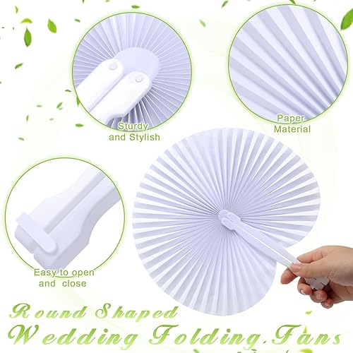 Miniatura 3 de Yulejo Paquete de 150 abanicos de papel plegables redondos blancos con mango de plástico para decoración de boda, celebración de boda, bricolaje,