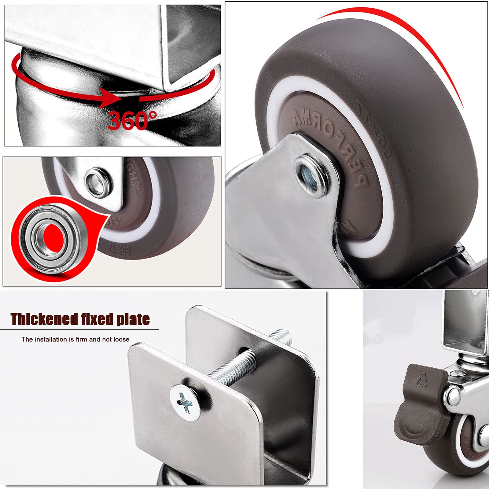 Rotelle di ricambio per mobili da 4 pezzi, rotelle da trasporto con freno, ruote con stecca a forma di U da 16/18/20/22/25 mm, rotelle universali, per supporto per fiori, culla, carrelli, 22 mm (25 mm
