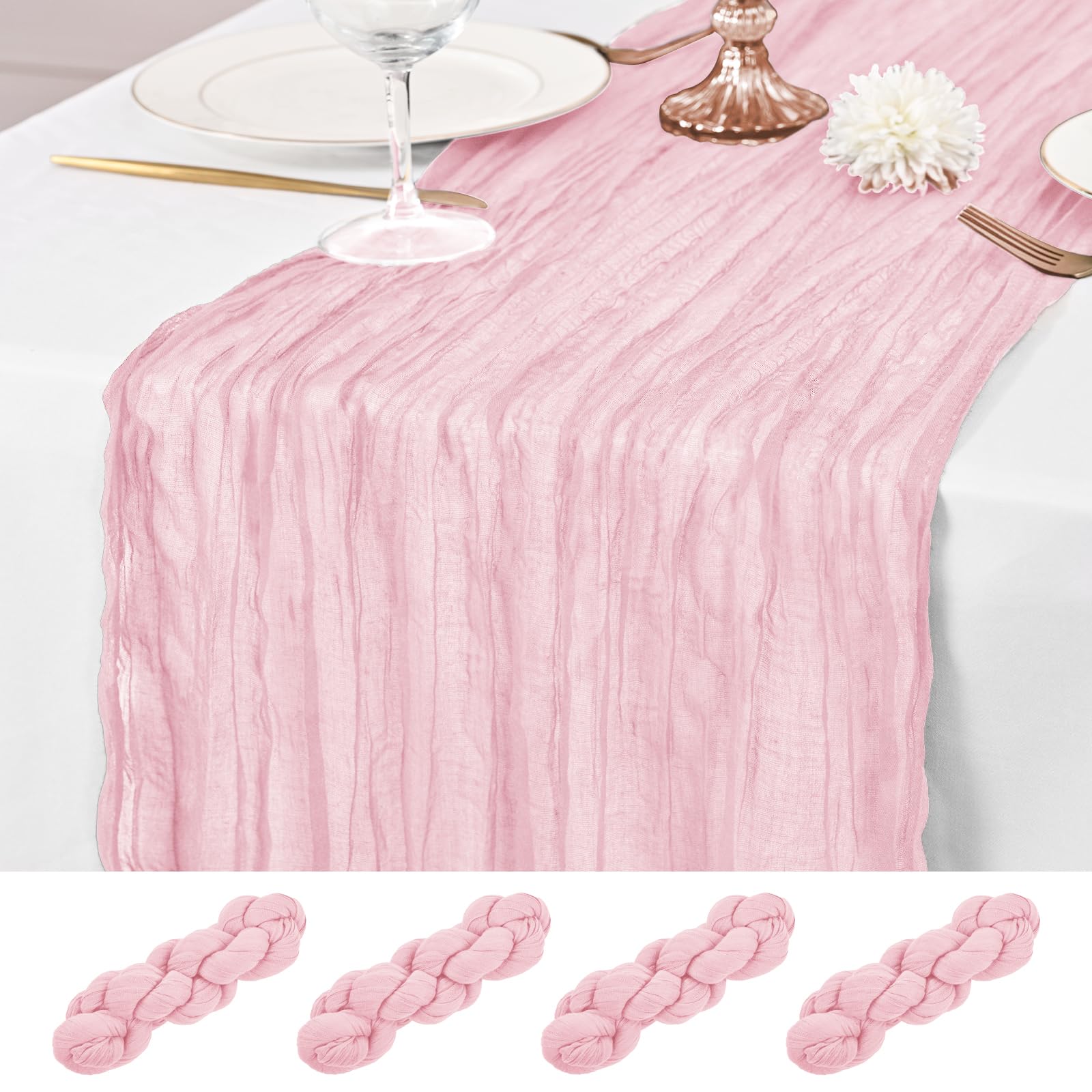 4 Pcs Pink Cheesecloth Table Runner, 21x120 inch Pink Table Runner Rustic Gauze Romantic Long Sheer Fabric 10Ft Cheese Cloth Table Runners for Wedding Party Bridal Baby Shower