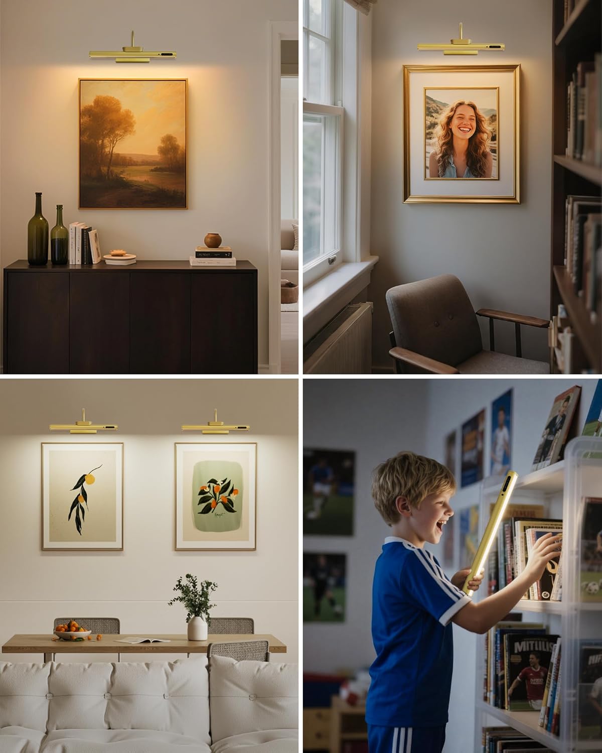 Bridika Picture Light Battery Operated, 19.7in Picture Lights for Wall, 3 Colors & Brightness Dimmable, Rechargeable Art Light for Paintings Photo Dartboard Gallery Bedroom Bathroom Gold