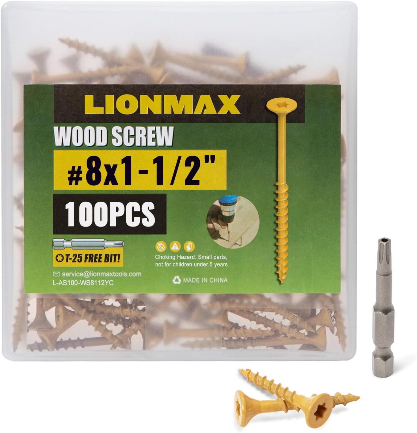 LIONMAX Wood Screws 1-1/2 Inch, Deck Screws #8 x 1-1/2", 100 PCS, Rust Resistant, Epoxy Coated, Exterior Wood Screw, Outdoor Decking Screws, Torx/Star Drive Head, T25 Star Bit Included, Tan