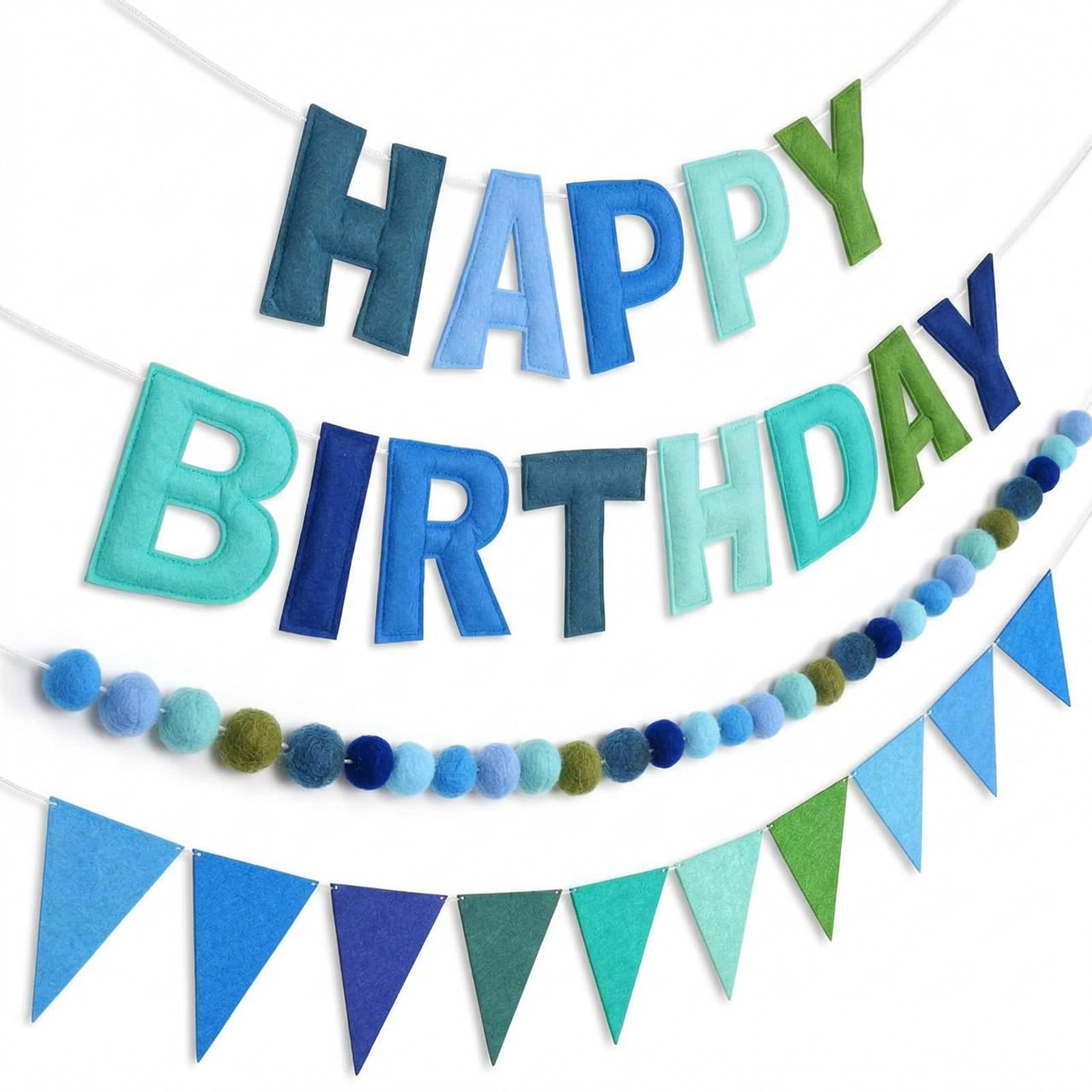 Bdfgh Happy Birthday Pre-Strung Felt Ball Garland - Personalized Sign, Reusable Rainbow Decor Banner, Party Supplies, Photo Prop with Ball Flags (blue)