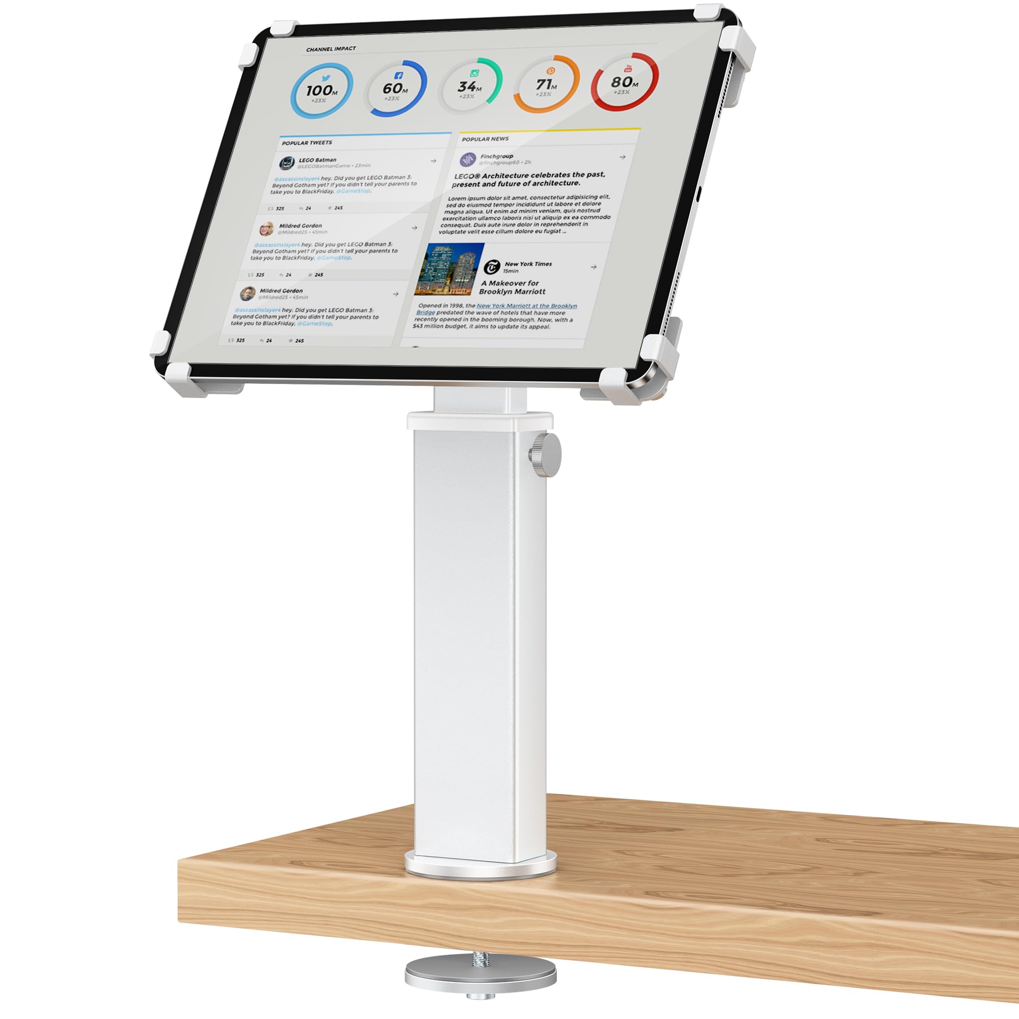 AboveTEK Supporto da scrivania per iPad, supporto per tablet antifurto regolabile con rotazione a 360° e inclinazione a 180°, adatto a tablet da 9,7" a 13", perfetto per il lavoro-Argento