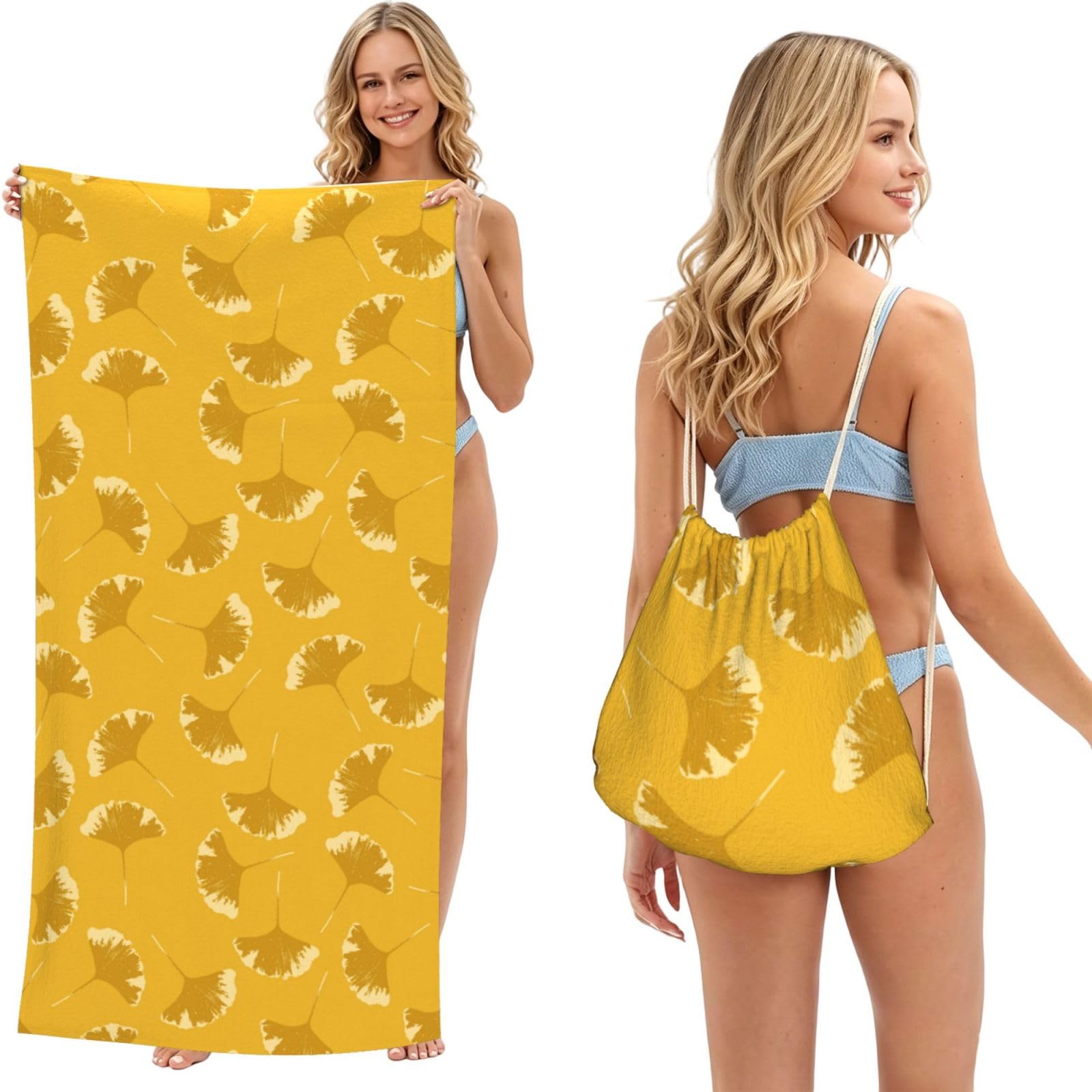 Poadnly As Picture Ginkgo Leaves Floral On Yellow Ochre, 2 In 1 Packable Towel Bag, Beach Towels With Drawstring Backpack For Travel Holiday Camping