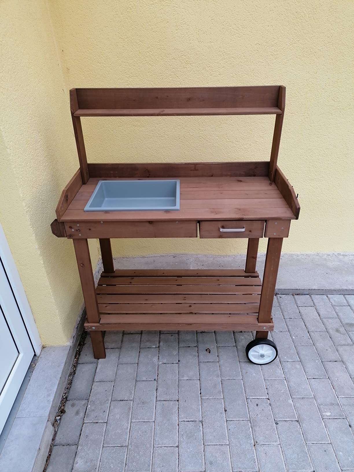 Relaxdays Pflanztisch mit Rollen, Wanne & Schublade, Holz, Kunststoff