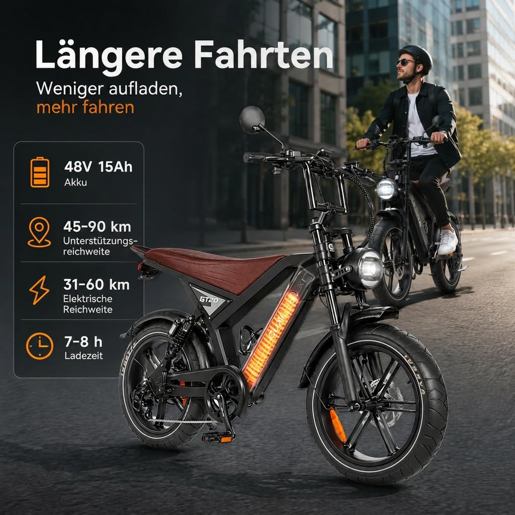 E Bike Herren, 20 Zoll All-Terrain Fat Reifen Elektrofahrrad mit 250W 100NM Motor, 100KM Reichweite, 48V 15AH abnehmbare Batterie, Vollgefedert, Shimano 7-Gang