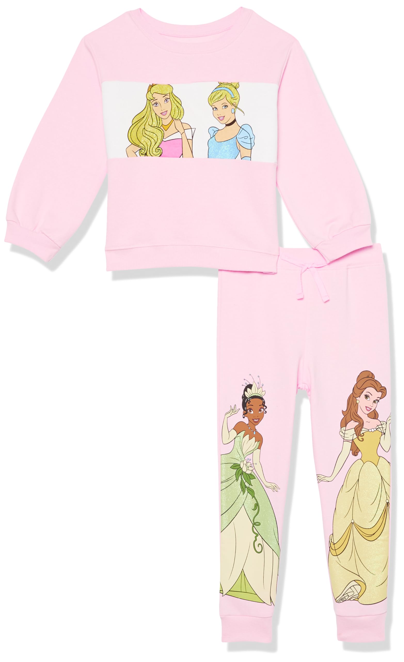 Disney Princess Group Fleece Sweatshirt & Jogger Set - Cinderella, Tiana, Ariel, Snow White, Belle - Girls 2t-6x, Light Pink, 2 Years