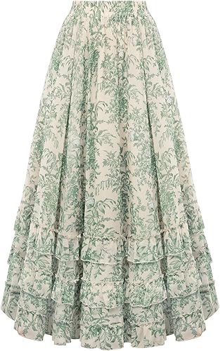 Maxi Skirts for Women Floral Chiffon Elastic High Waist Flowy Ruffle Long Skirt with Pockets Green Floral L